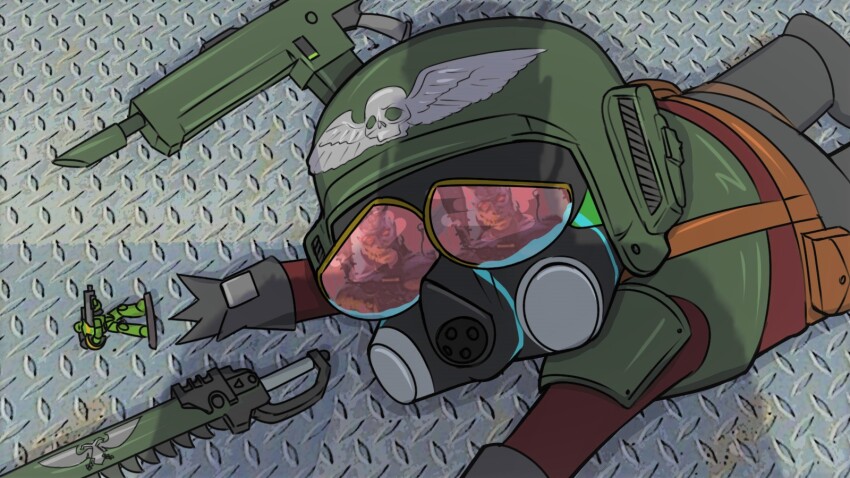 adeptus_astartes apu_spills_his_tendies_(meme) astra_militarum chainsword chibi crying daemonhost directed-energy_weapon energy_gun energy_weapon figure gas_mask helmet highres laser_gun laser_weapon lasgun lebeauviolette looking_at_viewer mask meme on_floor pepe_the_frog reflection skull warhammer_40k warhammer_40k:_darktide weapon