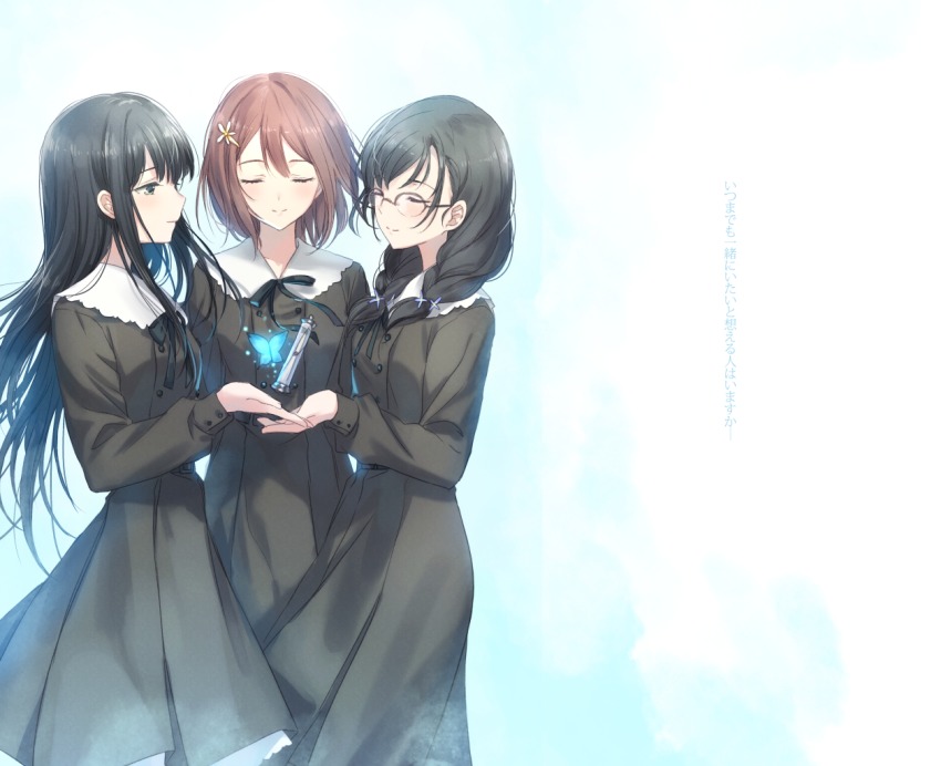 3girls black_hair black_ribbon braid brown_hair commentary_request closed_eyes flower flowers_(innocent_grey) glasses hair_flower hair_ornament hanabishi_rikka irua kousaka_mayuri light_smile long_hair medium_hair multiple_girls ribbon shirahane_suou short_hair translation_request twin_braids very_long_hair yuri