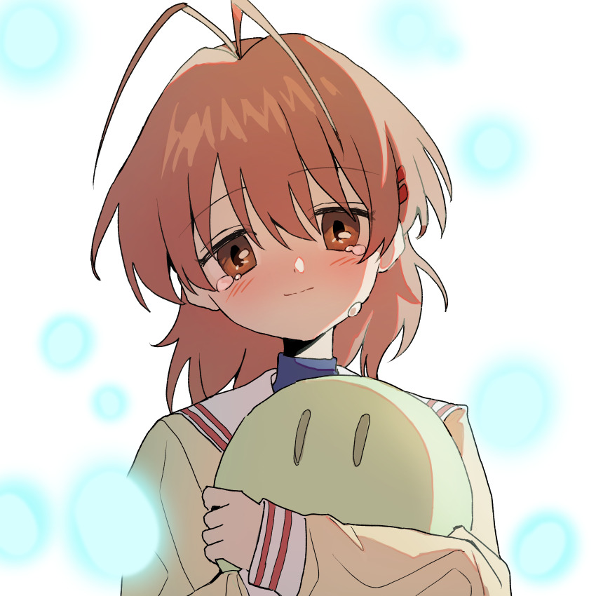 1girl absurdres antenna_hair brown_eyes brown_hair brown_jacket clannad commentary dango_daikazoku highres hikarizaka_private_high_school_uniform holding holding_stuffed_toy jacket light_blush light_particles long_sleeves looking_at_viewer medium_hair monky sailor_collar school_uniform solo stuffed_toy tears white_background white_sailor_collar