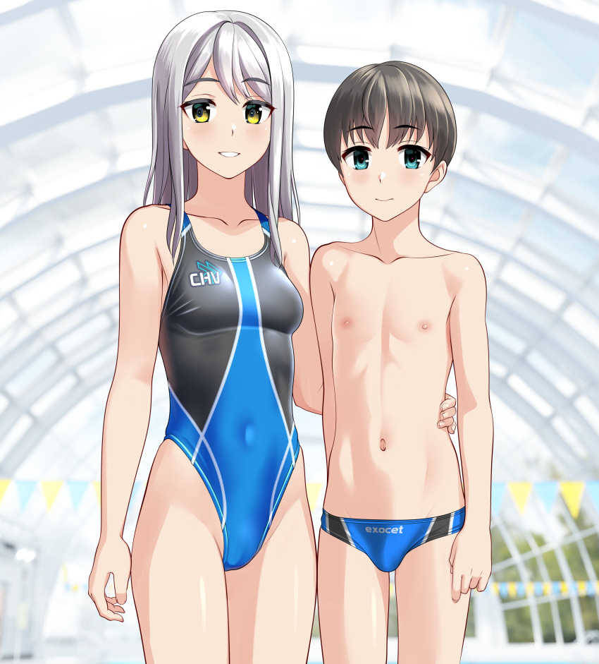 1boy 1girl absurdres age_difference black_hair blue_male_swimwear blue_one-piece_swimsuit breasts bulge commentary_request competition_swimsuit covered_navel cowboy_shot glass_ceiling green_eyes grey_hair height_difference highleg highleg_one-piece_swimsuit highres indoors long_hair male_swimwear medium_breasts navel one-piece_swimsuit onee-shota original parted_lips short_hair smile string_of_flags swim_briefs swimsuit takafumi two-tone_male_swimwear two-tone_swimsuit variant_set yellow_eyes