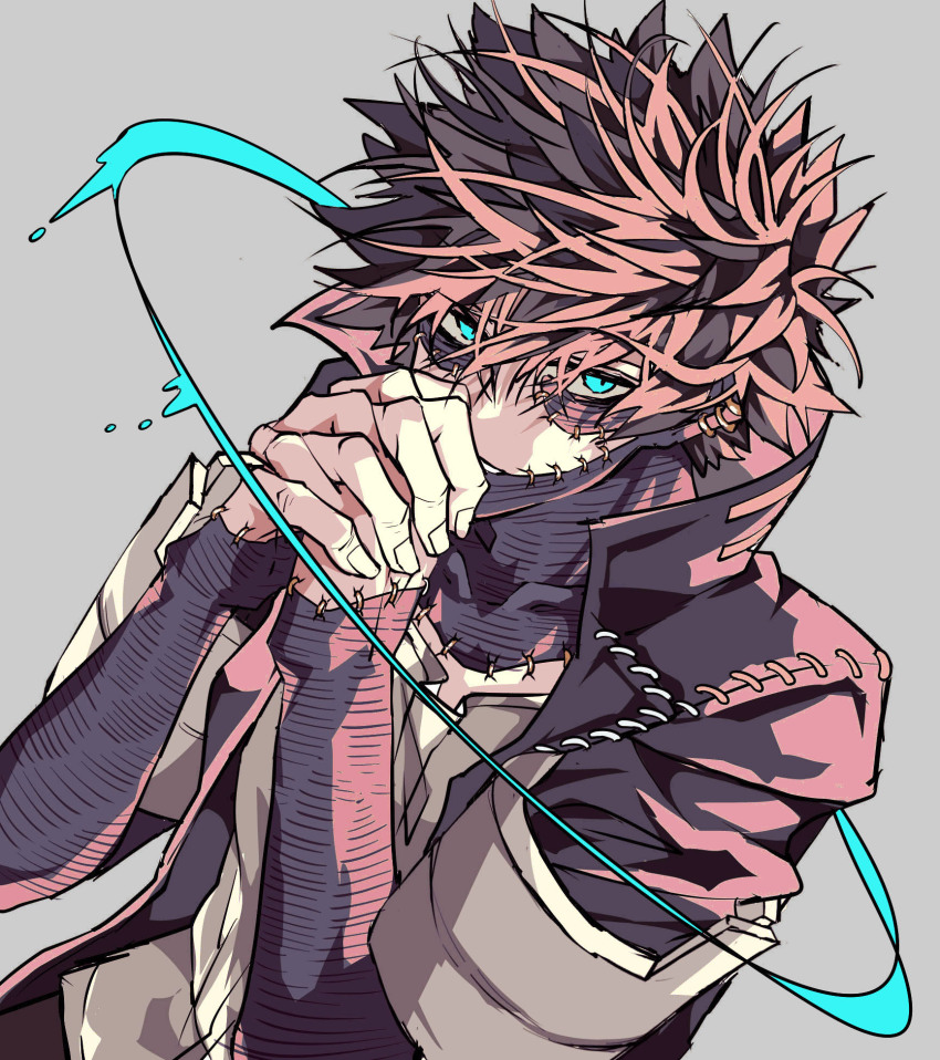 1boy adam&#039;s_apple boku_no_hero_academia dabi_(boku_no_hero_academia) earrings fingernails green_eyes grey_background highres jewelry kg_kkgg looking_at_viewer male_focus own_hands_clasped own_hands_together scar scar_on_arm scar_on_face short_hair solo spiked_hair stitched_face stitches upper_body