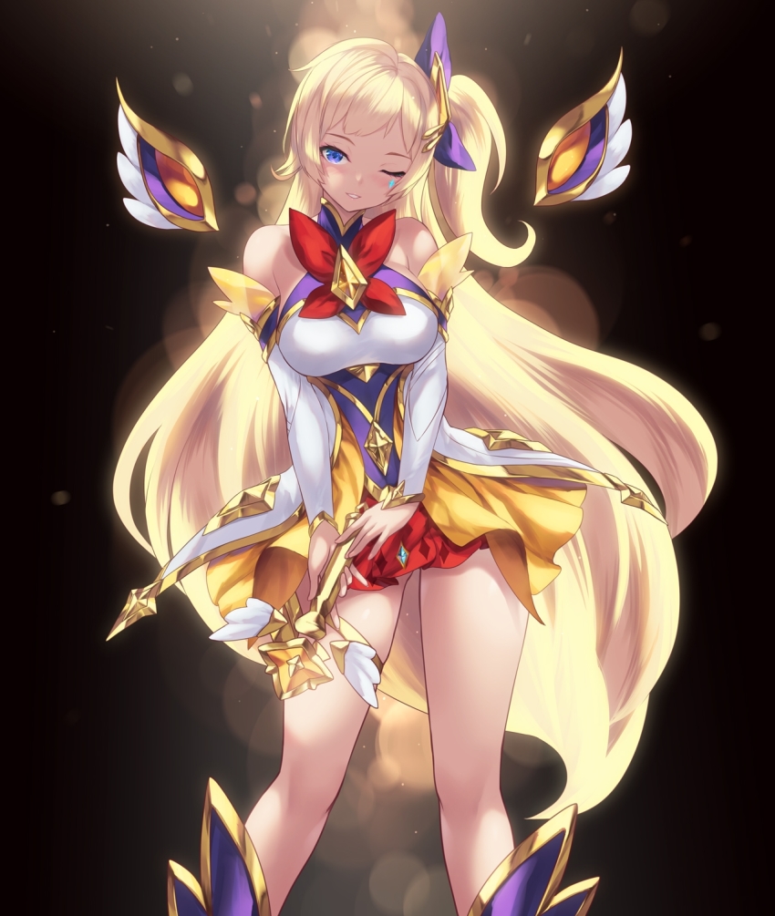 1girl blonde_hair blue_eyes breasts cait_aron detached_sleeves highres holding holding_wand large_breasts league_of_legends long_hair looking_at_viewer magical_girl one_eye_closed one_side_up seraphine_(league_of_legends) solo standing star_guardian_seraphine very_long_hair wand white_sleeves