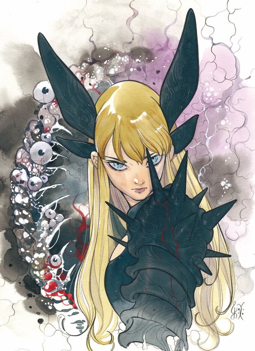 1girl armor blonde_hair blue_eyes highres long_hair looking_at_viewer magik_(x-men) marvel pauldrons peach_momoko shoulder_armor single_pauldron solo spiked_pauldrons upper_body x-men
