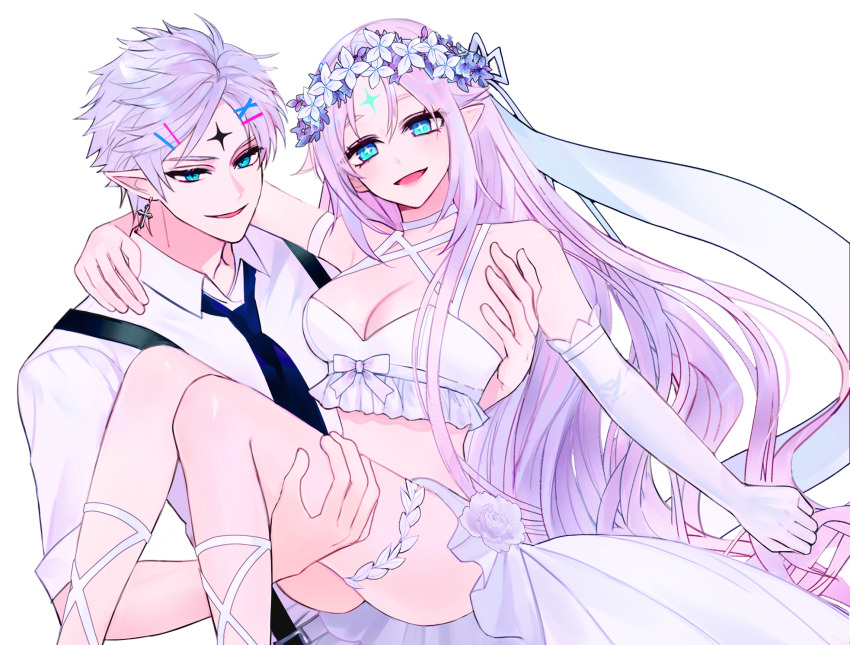 +_+ 1boy 1girl abysser_(elsword) arm_around_neck black_necktie blue_eyes breasts carrying ciel_(elsword) cleavage collared_shirt earrings elsword flower_wreath grey_hair hair_ornament hairclip head_wreath highres ishtar_(elsword) jewelry long_hair looking_at_viewer luciela_r._sourcream male_focus mme12165 necktie open_mouth pointy_ears princess_carry redrawn shirt short_hair simple_background white_background white_shirt