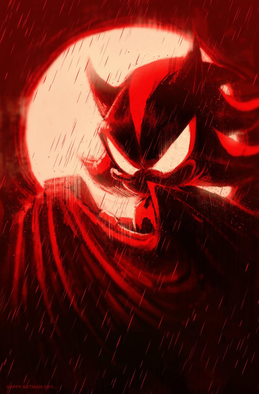 1boy absurdres animal batman batman_(cosplay) batman_(series) cape clenched_hand codetrillogy commentary cosplay dc_comics english_commentary full_moon furry furry_male hedgehog hedgehog_boy highres looking_at_viewer looking_back male_focus moon outdoors rain red_theme sega shadow_the_hedgehog solid_eyes solo sonic_(series) superhero_costume the_batman_(2022)