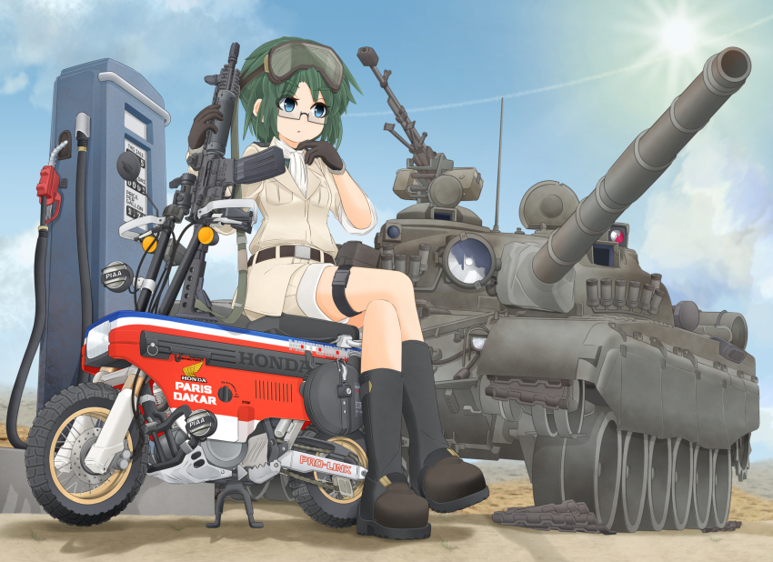 1girl assault_rifle blue_eyes breasts caterpillar_tracks cloud day female_focus gas_pump gas_pump_nozzle glasses graphite_(medium) gun highres honda honda_motocompo machine_gun mechanical_pencil mikeran_(mikelan) military military_vehicle motor_vehicle motorcycle original pencil rifle short_hair sitting sky solo sun t-72 tank traditional_media weapon