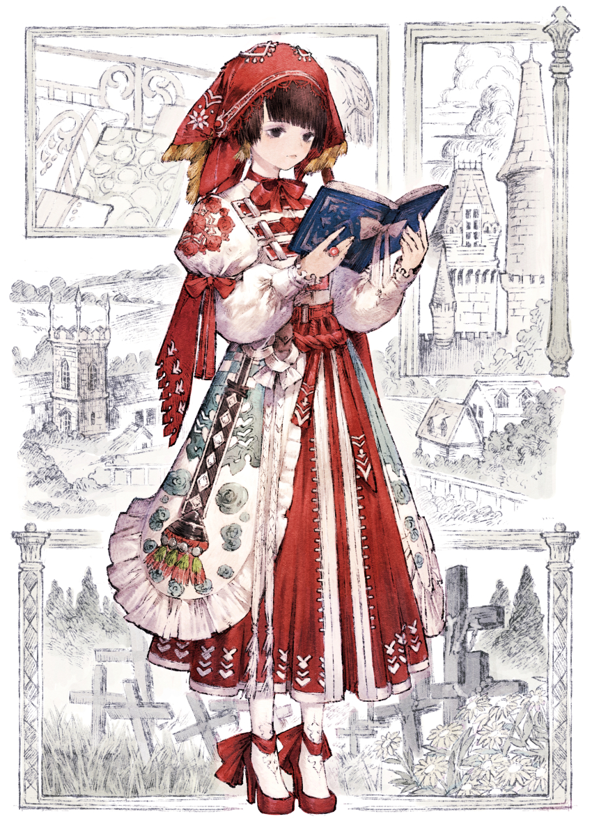1girl absurdres ankle_ribbon baiguiyu black_eyes book border bow bowtie building choker day dress embroidery flower frilled_sleeves frills full_body graveyard headdress highres holding holding_book ironwork jewelry lamp layered_sleeves leg_ribbon long_hair long_sleeves looking_away open_book original pantyhose partially_colored puffy_long_sleeves puffy_short_sleeves puffy_sleeves reading red_bow red_bowtie red_dress red_flower red_hair red_headwear red_theme ribbon ring rural sash short_over_long_sleeves short_sleeves simple_background solo standing tower white_background white_pantyhose