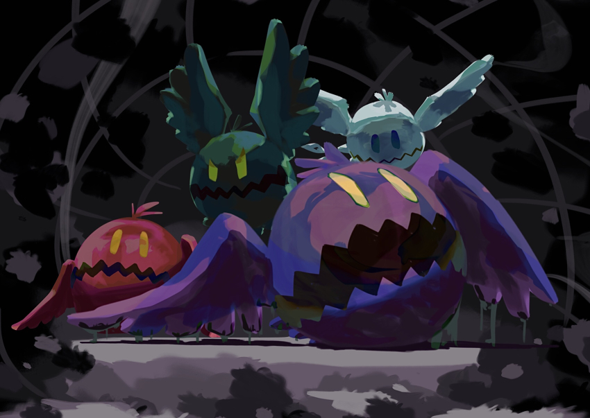 black_background commentary_request darkness doomer_(kirby) highres kirby&#039;s_return_to_dream_land_deluxe kirby_(series) magolor_epilogue nintendo no_humans open_mouth rampaging_doomers solid_oval_eyes sphere_doomer suyasuyabi v-shaped_eyes wavy_mouth wings yellow_eyes