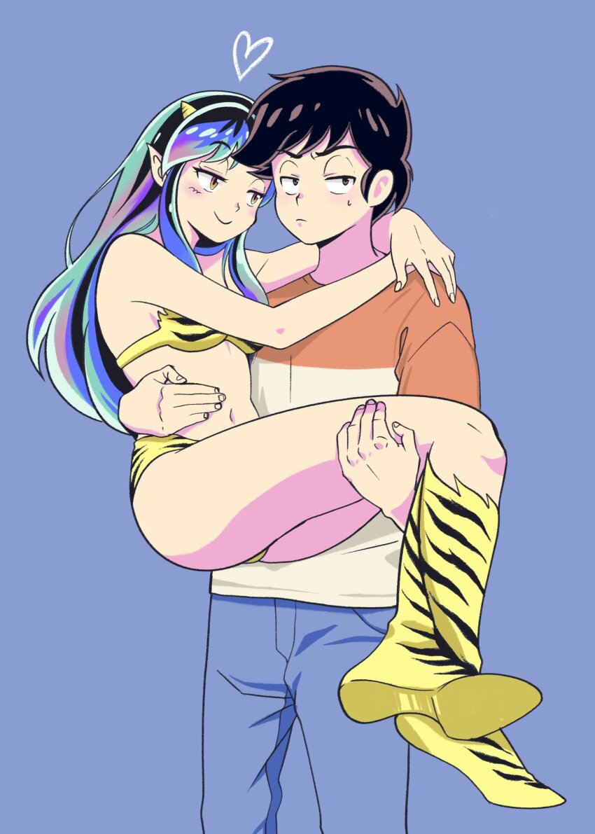 1boy 1girl animal_print bikini black_hair blue_hair blue_pants boots carrying commentary cone_horns couple gradient_hair hashtag-only_commentary heart highres horns knee_boots long_hair looking_at_viewer lum moroboshi_ataru multicolored_hair navel pants peter_choii pointy_ears princess_carry print_bikini print_footwear shirt short_hair sidelocks swimsuit tiger_print urusei_yatsura