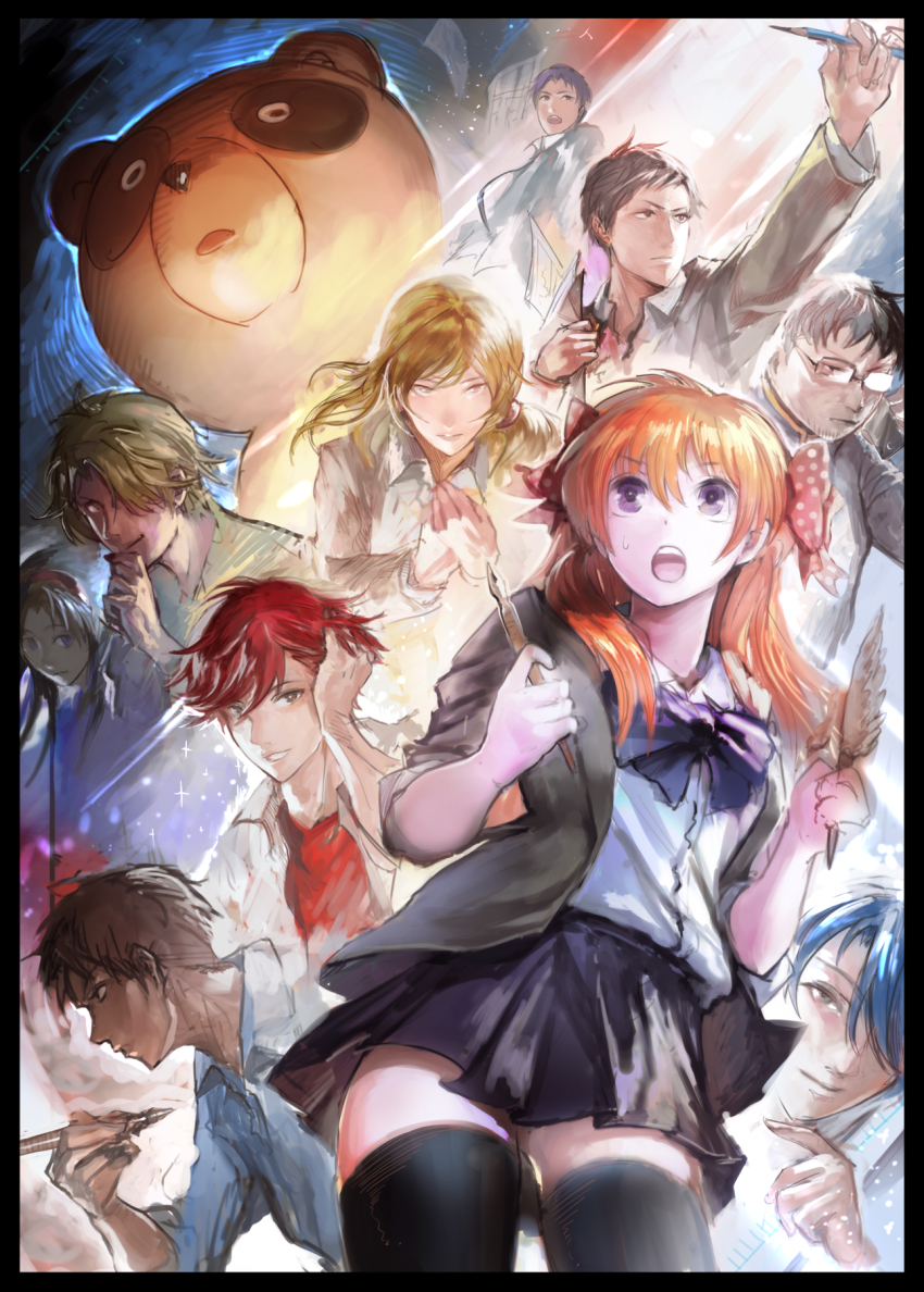 10s 4girls 6+boys beard black_hair black_legwear blonde_hair blue_hair bow brown_hair facial_hair gekkan_shoujo_nozaki-kun glasses hair_bow hairband highres hikaru_(atelier_no_note) hori_masayuki kashima_yuu long_hair maeno_mitsuya mikoshiba_mikoto miyako_yukari miyamae_ken multiple_boys multiple_girls nib_pen_(object) nozaki_umetarou open_mouth orange_hair pen pencil polka_dot polka_dot_bow profile purple_eyes red_hair reverse_trap sakura_chiyo school_uniform seo_yuzuki short_hair skirt sweatdrop tanuki thighhighs wakamatsu_hirotaka zettai_ryouiki
