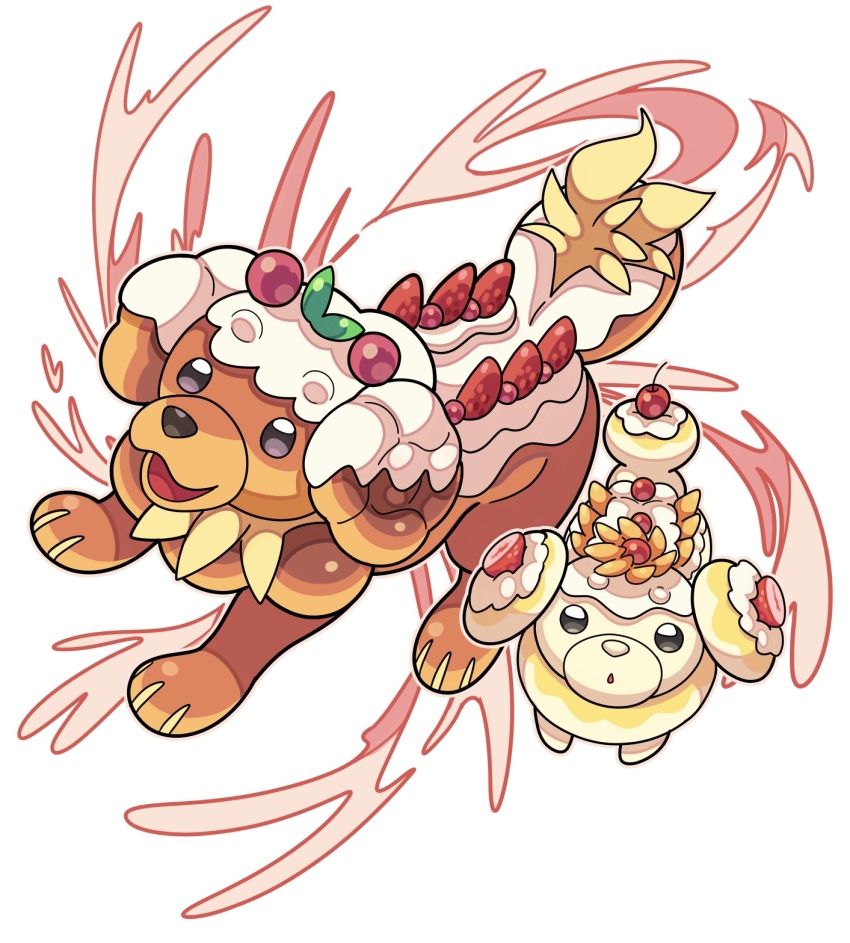 animal_focus commentary_request dachsbun dog evolutionary_line fidough food fruit highres icing nintendo no_humans open_mouth pokemon pokemon_(creature) pokemon_focus simple_background smile strawberry sutokame white_background
