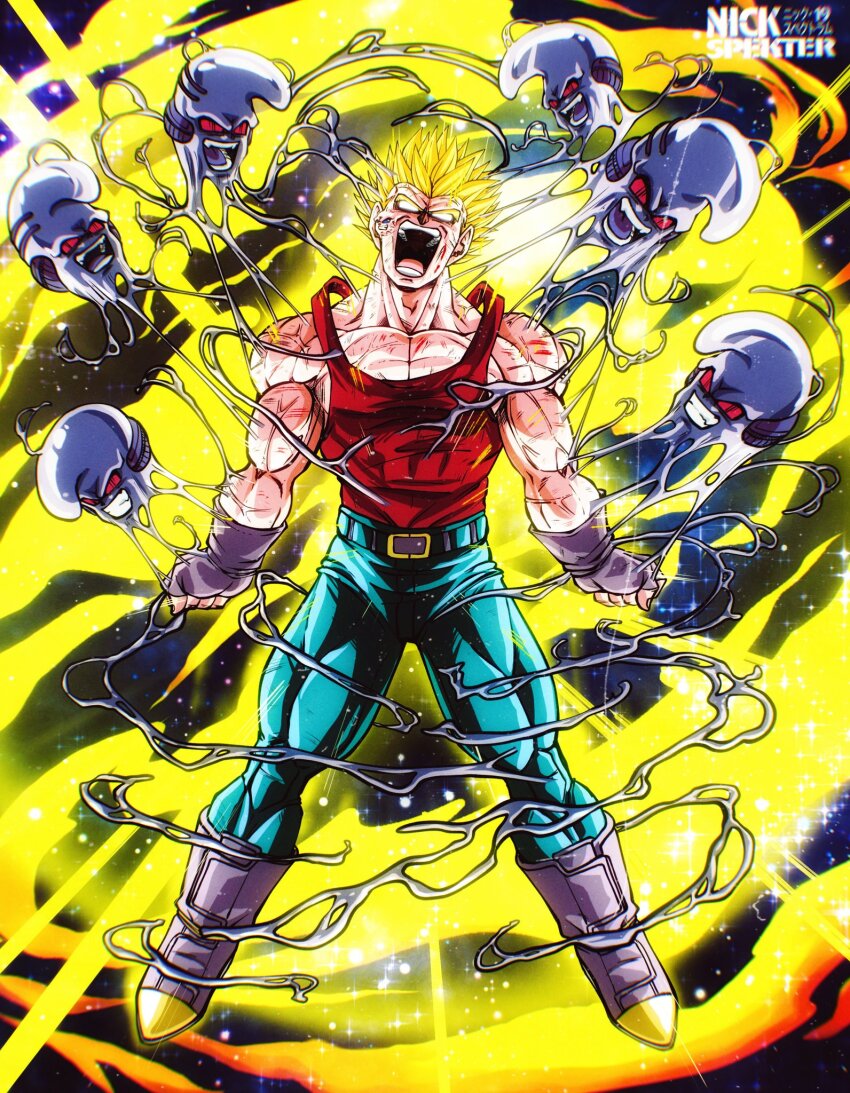 1boy baby_(dragon_ball) dragon_ball dragon_ball_gt gloves highres male_focus muscular muscular_male nickelespektro open_mouth pants parasite pectorals saiyan smile spiked_hair super_saiyan teeth vegeta veiny_face