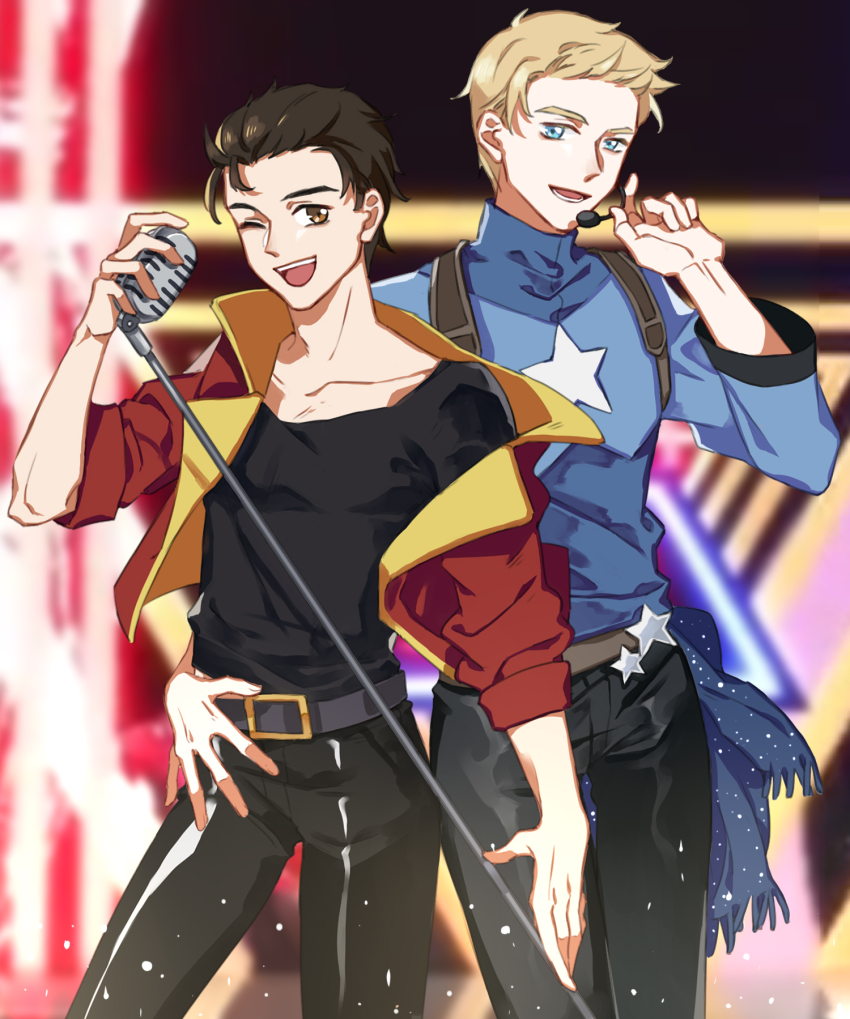 2boys animification avengers_(series) avengers_academy belt black_hair black_pants black_shirt blonde_hair blue_eyes blue_shirt blurry blurry_background brown_belt brown_eyes chinese_commentary collarbone commentary_request cowboy_shot hand_around_waist highres holding holding_microphone jacket long_sleeves looking_at_viewer male_focus marvel microphone multiple_boys music one_eye_closed open_clothes open_jacket open_mouth pants red_jacket shirt short_hair singing sleeves_rolled_up smile standing star_(symbol) star_ornament star_print steve_rogers t-shirt teeth tony_stark turtleneck turtleneck_shirt two-sided_fabric two-sided_jacket yellow_jacket yizilu699