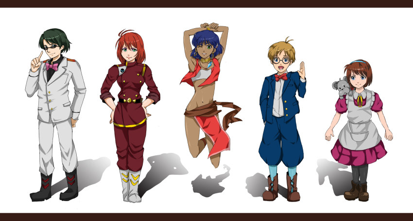 1990s_(style) 2boys 3girls akio_(1124) akio_(akio1124) antenna_hair armpits arms_behind_head arms_up bad_id bad_pixiv_id blue_eyes bob_cut boots bow bowtie bracelet brown_hair dark-skinned_female dark_skin dress earrings formal_clothes fushigi_no_umi_no_nadia glasses grandis_granva green_eyes green_hair hair_ornament hairband hairclip hands_on_own_hips highres hoop_earrings jacket jean_roque_lartigue jean_roque_raltique jewelry jumping king_(nadia) light_smile lion loincloth marie_en_carlsberg midriff military military_uniform multiple_boys multiple_girls nadia_la_arwall neck_ring necklace no_panties one_eye_closed pantyhose petticoat pointing pointing_up purple_hair red_hair retro_artstyle sanson_(nadia) short_hair smile strapless suit sunglasses traditional_bowtie tube_top vest waving wink
