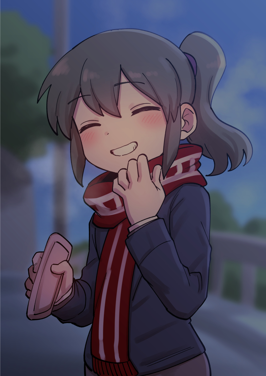 1girl absurdres blush closed_eyes commentary fang green_hair hand_warmer highres igarashi_futaba jacket looking_at_viewer medium_hair office_lady outdoors ponytail scarf senpai_ga_uzai_kouhai_no_hanashi shiromanta sidelocks smile solo striped_clothes striped_scarf