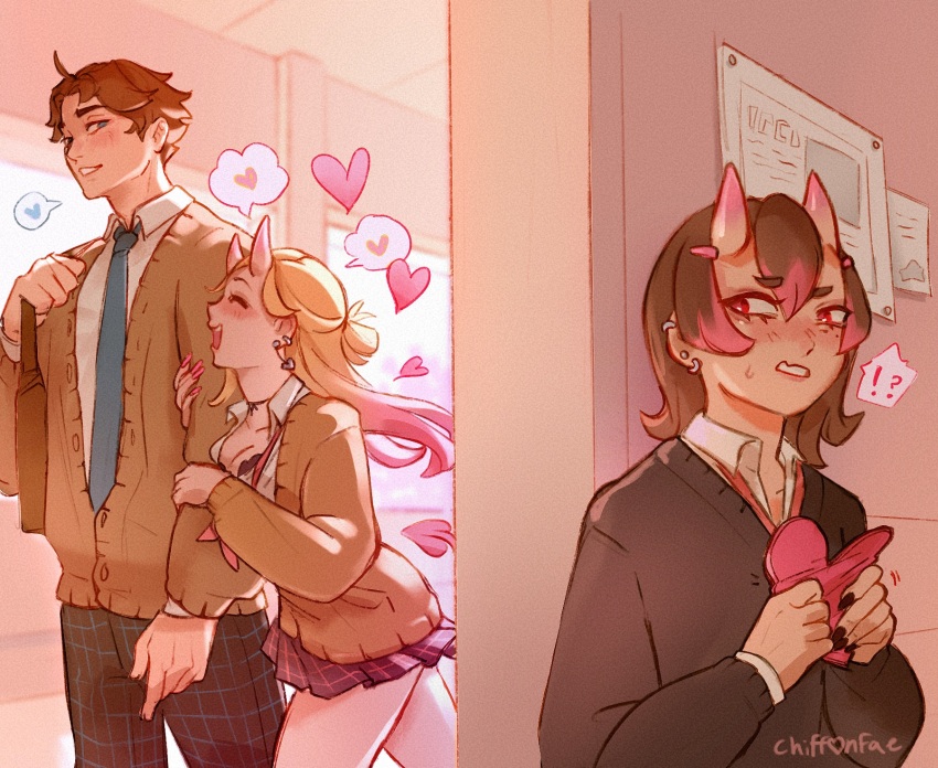 1boy 2girls :d arm_hug black_nails blush cerise_(chiffonfae) chiffonfae closed_eyes colored_tips fingernails gyaru heart hetero highres horns indoors jealous kogal long_fingernails love_triangle mauve_(chiffonfae) miniskirt multicolored_hair multiple_girls nose_blush open_mouth original pink_hair pink_nails school skin-covered_horns skirt smile valentine zaffre_(creamboyo)