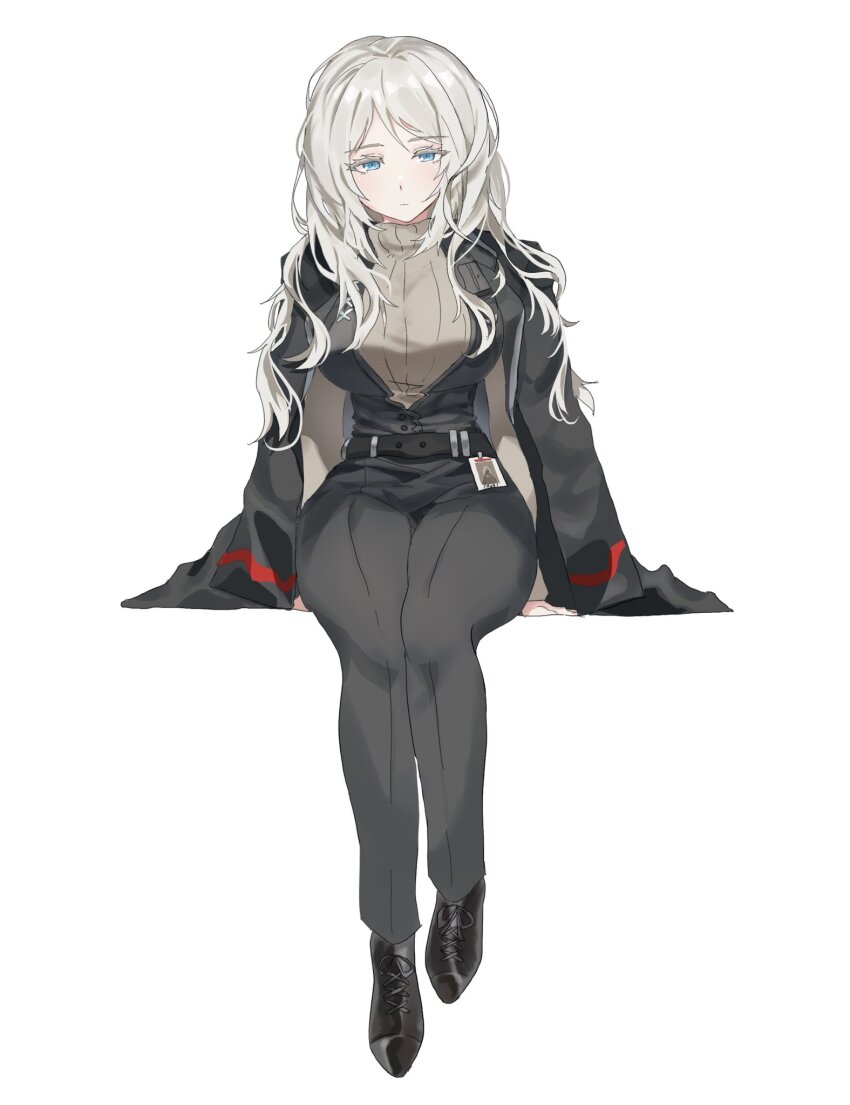 1girl alternate_hair_length alternate_hairstyle belt black_belt black_jacket black_pants black_shoes black_vest brown_sweater colored_eyelashes faust_(project_moon) full_body highres id_card jacket jacket_on_shoulders kirbynonaka limbus_company long_hair pants project_moon shoes simple_background solo sweater vest white_background white_eyelashes white_hair