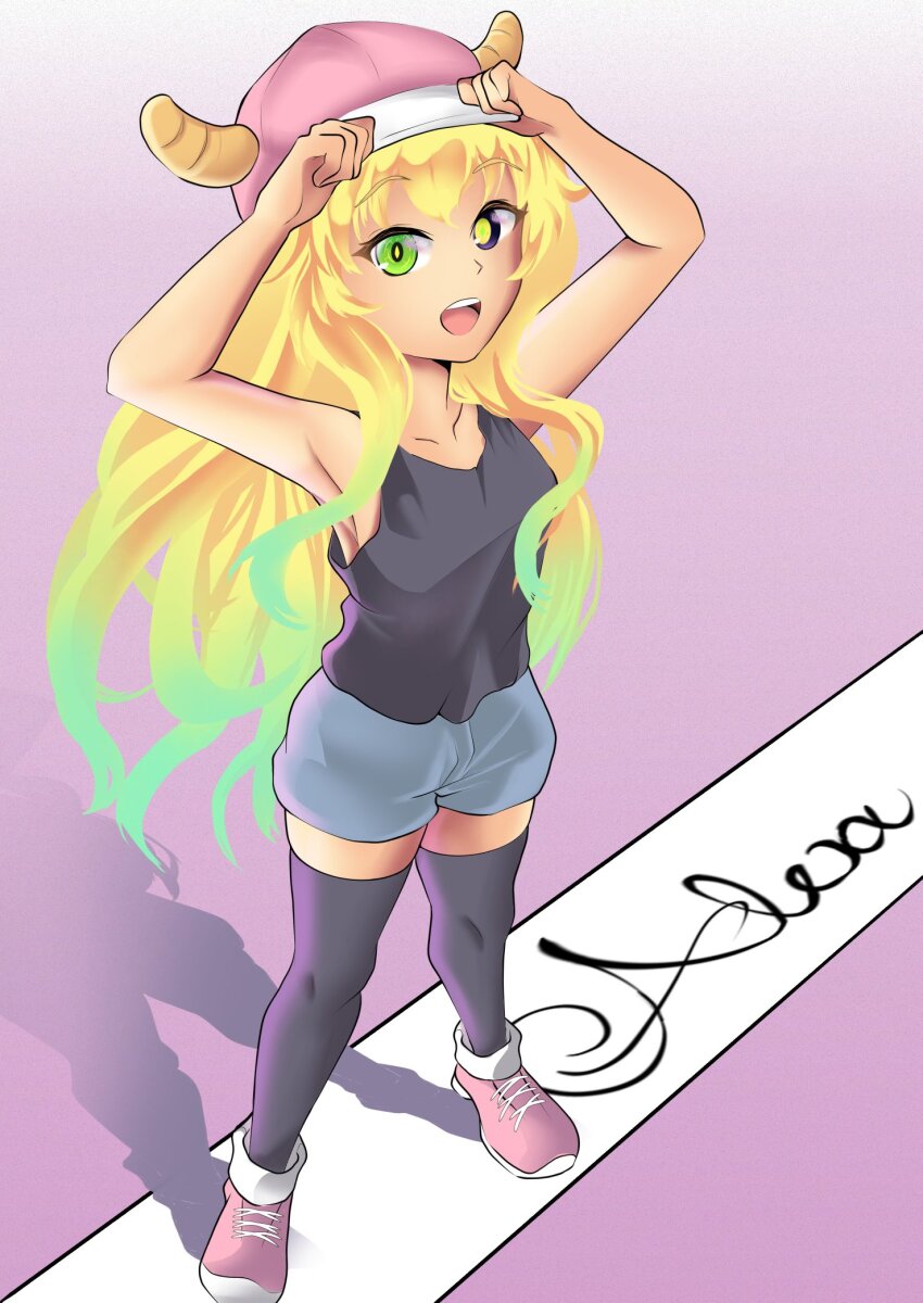 1girl adjusting_clothes aged_down armpits arms_up artist_name baseball_cap black_shirt black_thighhighs blonde_hair blue_shorts collarbone female_focus flat_chest from_above full_body gradient_background gradient_hair green_eyes green_hair happy hat heterochromia horns kenseialexx kobayashi-san_chi_no_maidragon loli long_hair looking_at_viewer looking_up lucoa_(maidragon) multicolored_hair multicolored_shoes open_mouth pink_background pink_hat pink_shoes purple_background shirt shoes shorts simple_background sleeveless sleeveless_shirt smile sneakers solo standing teeth thighhighs two-tone_background two-tone_hair two-tone_hat two-tone_shoes upper_teeth_only white_background white_hat white_shoes yellow_eyes