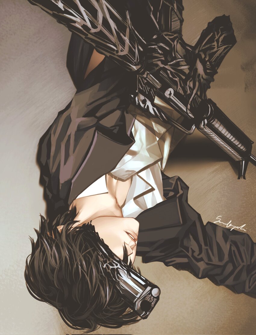 1boy absurdres assault_rifle black_hair black_jacket chainsaw_man collared_shirt corrupted_twitter_file facing_viewer gun gun_devil_(chainsaw_man) handgun hayakawa_aki highres jacket parted_lips rifle shirt short_hair signature snowberryaki solo weapon white_shirt