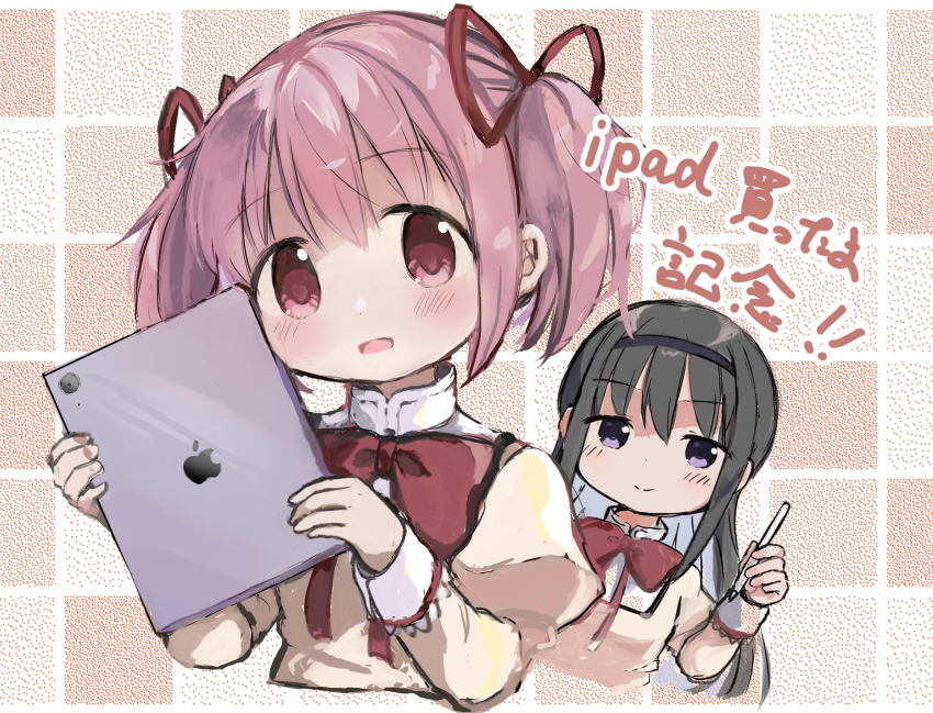 2girls akemi_homura apple_inc. apple_pencil black_hair black_hairband bow bowtie commentary hair_ribbon hairband highres holding holding_pencil holding_phone ipad kaname_madoka long_hair looking_at_viewer mahou_shoujo_madoka_magica mitakihara_school_uniform multiple_girls open_mouth pencil phone pink_eyes pink_hair purple_eyes red_bow red_bowtie red_ribbon ribbon school_uniform short_twintails smile tablet_pc tongue translation_request twintails yuukarirakkumasuki