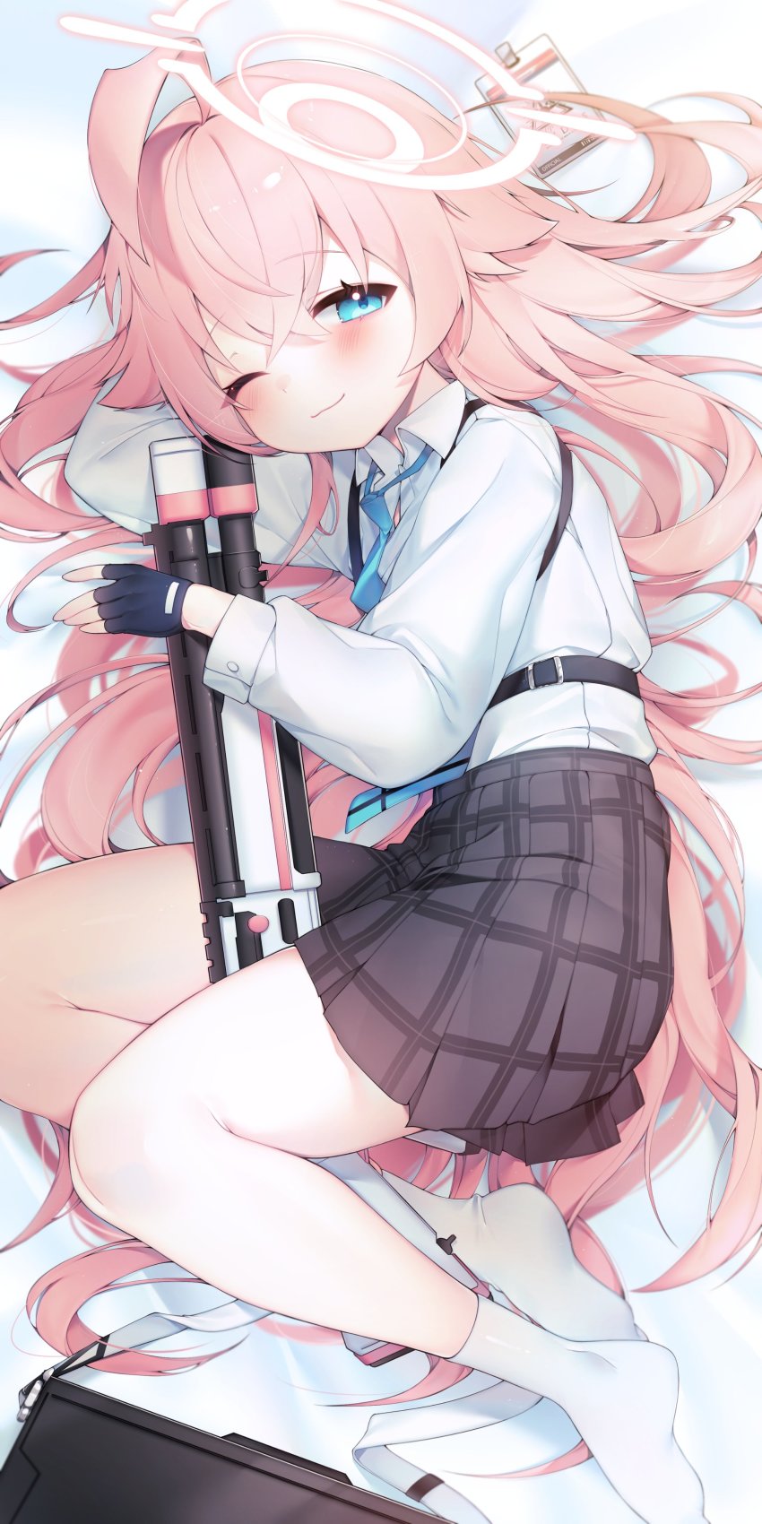 1girl absurdres ahoge black_skirt blue_archive blue_eyes blue_gloves blue_necktie blush closed_mouth collared_shirt fingerless_gloves gloves gun halo highres hoshino_(blue_archive) hugging_object long_hair looking_at_viewer lying necktie on_side one_eye_closed pink_hair plaid_clothes plaid_skirt pleated_skirt sen_light shirt shotgun skirt smile socks solo suitcase very_long_hair weapon white_shirt white_socks