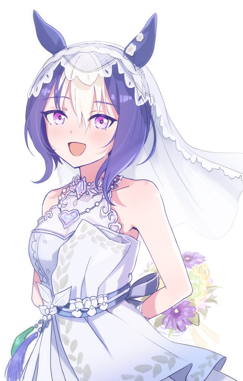1girl alternate_costume animal_ears arms_behind_back blush breasts bridal_veil cesario_(twinbell_queen)_(umamusume) cesario_(umamusume) collarbone commentary_request dress flower hair_ornament highres horse_ears horse_girl horse_tail jewelry medium_breasts medium_hair necklace open_mouth ponpochi solo tail umamusume veil wedding_dress white_background