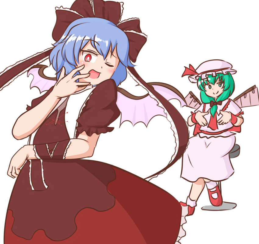 2girls arm_ribbon bat_wings bow bright_pupils brown_bow brown_dress brown_ribbon cosplay costume_switch crossed_legs dress fake_wings frilled_ribbon frills front_ponytail green_eyes green_hair hair_bow hair_ribbon hat hat_ribbon kagiyama_hina kagiyama_hina_(cosplay) looking_down mizusoba mob_cap multiple_girls one_eye_closed pink_headwear pink_legwear pink_shirt pink_skirt purple_hair red_eyes red_footwear red_neckwear red_ribbon remilia_scarlet remilia_scarlet_(cosplay) ribbon shirt short_hair simple_background sitting skirt standing stool touhou white_background white_pupils wings wrist_cuffs