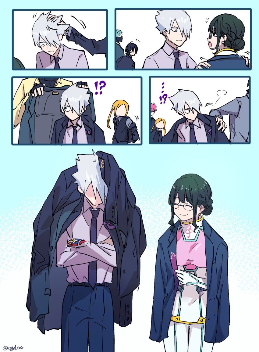 1girl acceptor anosillus_ii anti_(ssss.gridman) black_hair black_suit blonde_hair blue_eyes bodysuit borr breasts closed_eyes formal_clothes gauma glasses grey_hair gridman_universe gridman_universe_(movie) highres himagosan long_hair mask max_(ssss.gridman) medium_breasts multiple_boys necktie red_hair samurai_calibur shirt short_hair smile suit twintails vit