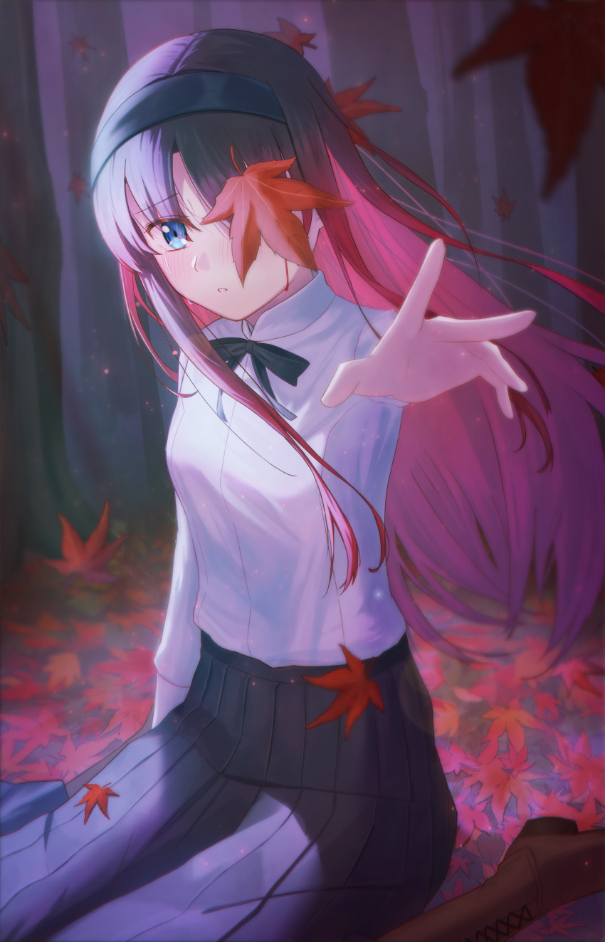 1girl absurdres autumn_leaves black_hair black_hairband black_ribbon black_skirt blue_eyes blush commentary_request crying crying_with_eyes_open floating_hair flowingcrescent gradient_hair hairband highres leaf long_hair long_sleeves multicolored_hair neck_ribbon one_eye_covered pleated_skirt reaching reaching_towards_viewer red_hair ribbon shirt sitting skirt solo tears tohno_akiha tsukihime tsukihime_(remake) two-tone_hair white_shirt