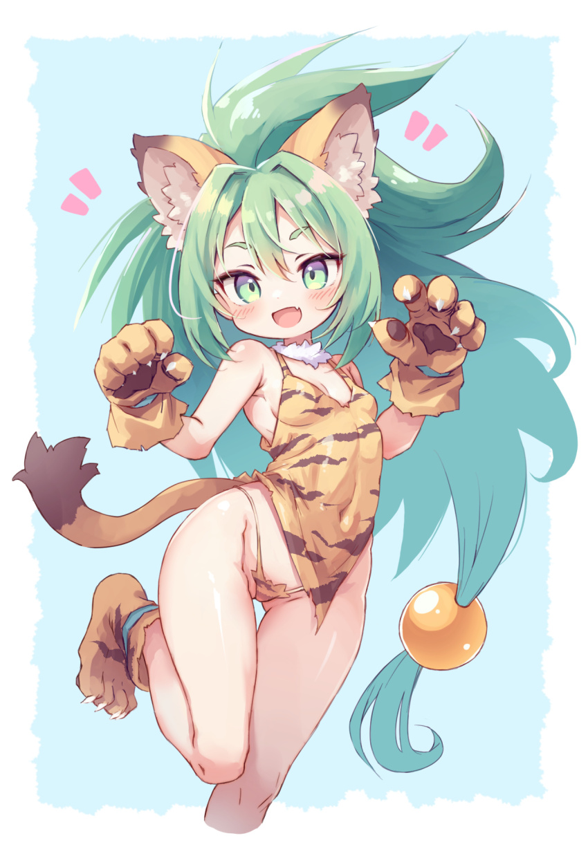 1girl :d animal_ear_fluff animal_ears animal_hands animal_print blue_background blush breasts brown_footwear brown_gloves cham_cham commentary_request covered_navel cropped_legs fang gloves green_eyes green_hair groin highres kolshica looking_at_viewer notice_lines open_mouth paw_gloves paw_shoes samurai_spirits short_eyebrows small_breasts smile solo standing standing_on_one_leg tail thick_eyebrows tiger_ears tiger_girl tiger_print tiger_tail two-tone_background white_background