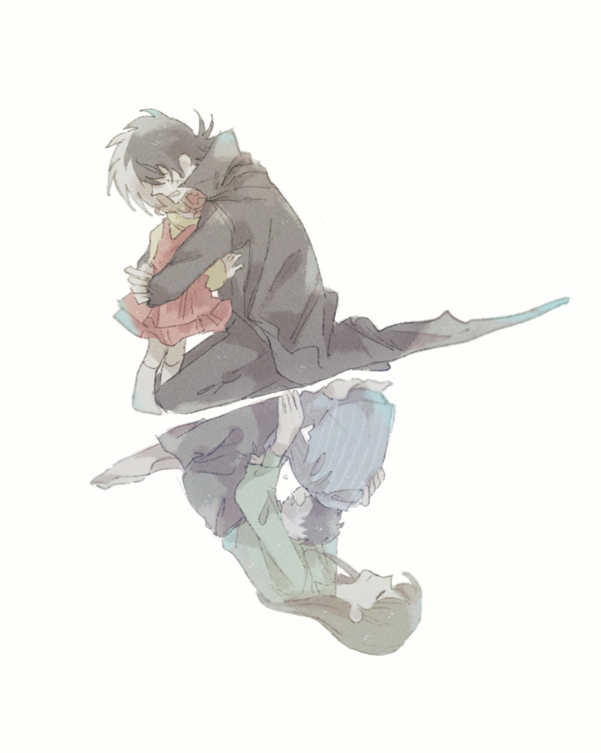 1boy 2girls aged_down bad_id bad_pixiv_id black_coat black_hair black_jack_(character) black_jack_(series) black_pants blue_shirt bow brown_hair clenched_teeth closed_eyes closed_mouth coat crying different_reflection dress full_body green_shirt hair_bow hand_on_another&#039;s_back hand_on_another&#039;s_chest hazama_mio highres hug kamakura_(umi_146) kneeling long_hair long_sleeves mother_and_son multicolored_hair multiple_girls no_shoes pants pinafore_dress pinoko red_bow red_dress reflection scar scar_on_face shirt short_hair simple_background sleeveless sleeveless_dress smile socks striped_clothes striped_shirt teeth two-tone_hair white_background white_hair white_socks yellow_shirt