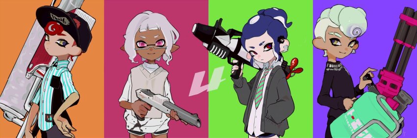 1boy 3girls aqua_hair baseball_cap black_hat blue_hair breast_pocket buttons cardigan closed_mouth collared_shirt commentary dark-skinned_female dark_blue_hair dark_skin diagonal-striped_clothes diagonal-striped_necktie dress_shirt earrings eyebrow_cut flingza_roller_(splatoon) grey-framed_eyewear grey_cardigan grey_hair hand_in_pocket hat heavy_splatling_(splatoon) holding imaikuy0 inkling_girl inkling_player_character jewelry long_sleeves multiple_girls n-zap_(splatoon) necktie nintendo octoling_boy octoling_girl octoling_player_character open_cardigan open_clothes pink_eyes pocket pointy_ears pompadour ponytail red_eyes red_hair school_uniform semi-rimless_eyewear shirt short_hair short_sleeves single_earring smile splatoon_(series) splattershot_pro_(splatoon) striped_clothes striped_necktie symbol-only_commentary tentacle_hair under-rim_eyewear white_shirt yellow_eyes