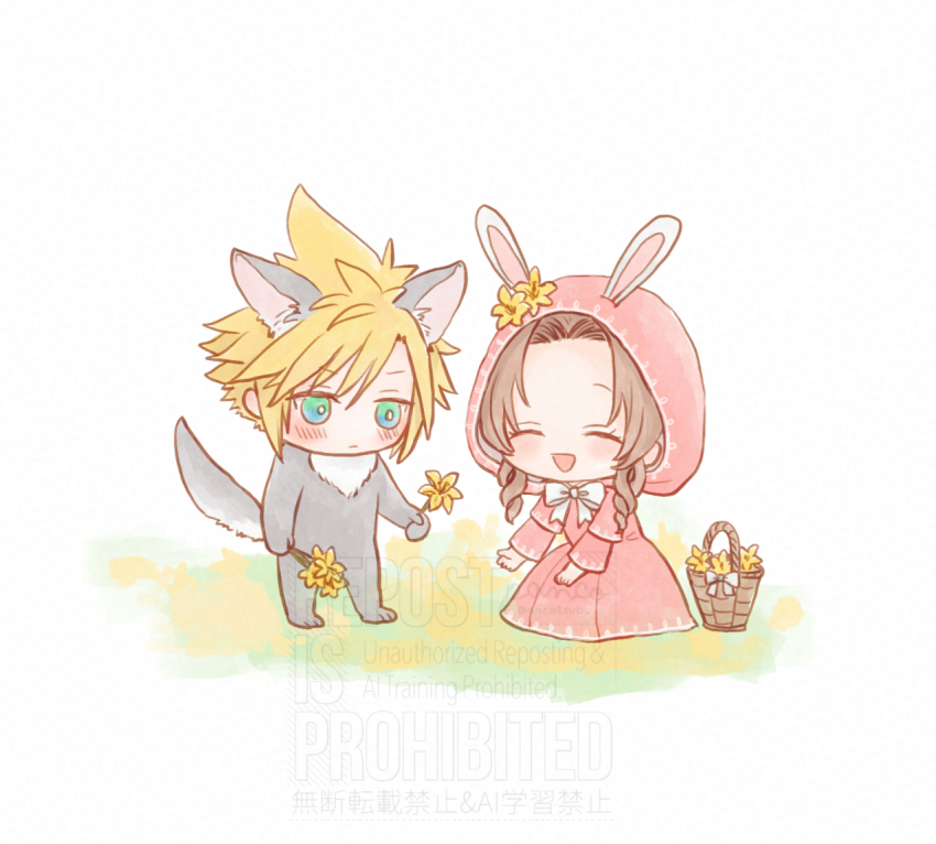 1boy 1girl aerith_gainsborough alternate_costume ancotsubu animal_ears aqua_eyes blonde_hair blush bow brown_hair chibi closed_eyes cloud_strife cosplay dress final_fantasy final_fantasy_vii final_fantasy_vii_ever_crisis flower flower_basket grey_fur hair_between_eyes hair_flower hair_ornament holding holding_flower hood hood_up hooded_dress kemonomimi_mode lily_(flower) long_dress long_hair open_mouth parted_bangs pink_dress pink_hood rabbit_ears rabbit_girl short_hair sidelocks smile tail tonberry tonberry_(cosplay) white_background white_bow wolf_boy wolf_tail yellow_flower