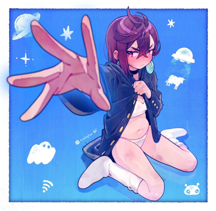 1girl ayase_momo black_jacket blush bra brown_eyes brown_hair cow crossed_bangs dandadan earrings ghost highres jacket jewelry lianbiglian loose_socks navel outstretched_arm panties planet sitting socks solo ufo underwear wariza white_bra white_panties white_socks