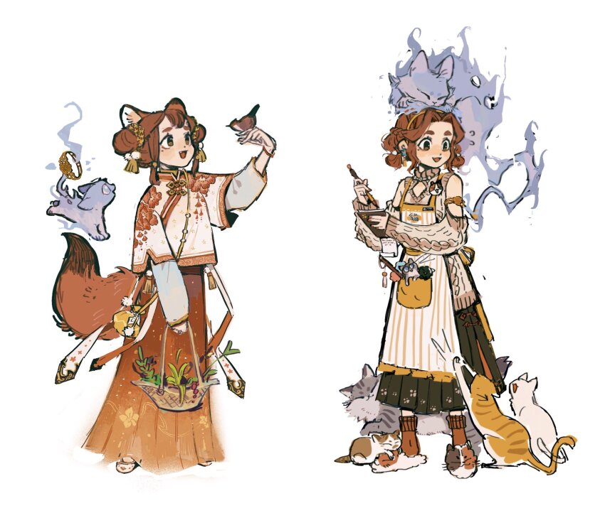 1girl animal_ears aoqun bag brown_eyes brown_hair cat chinese_clothes double_bun flats fox_ears fox_girl fox_tail full_body hair_bun hair_ornament hanfu highres juanmao layered_sleeves long_sleeves mandarin_collar multiple_views orange_cat orange_hanfu original pleated_skirt pom_pom_(clothes) pom_pom_bag pom_pom_hair_ornament shanghai_neckline shoulder_bag skirt tail white_cat