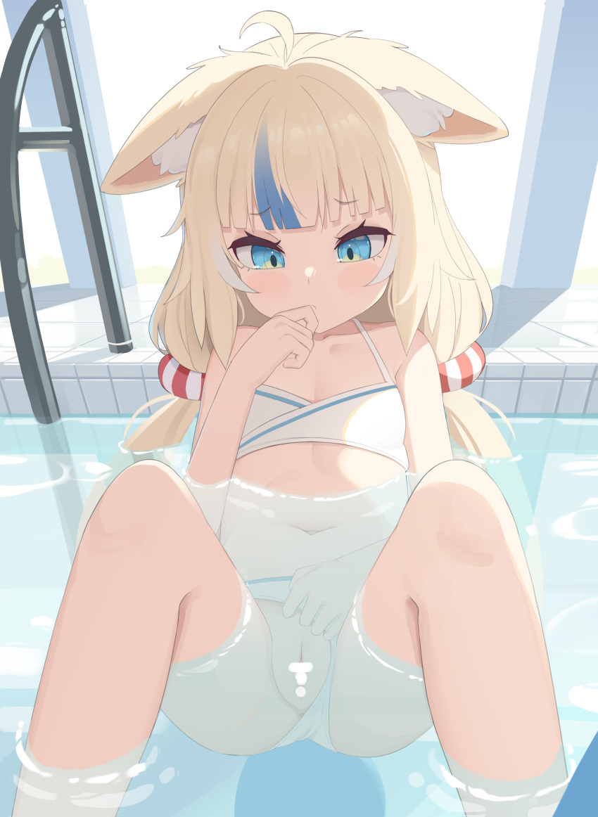 1girl absurdres ahoge animal_ear_fluff animal_ears anus bar_censor bikini bikini_bottom_aside blonde_hair blue_eyes blue_hair censored clothing_aside highres indie_virtual_youtuber loli multicolored_hair pool sameko_saba solo streaked_hair swimsuit tenroy twintails virtual_youtuber water white_bikini