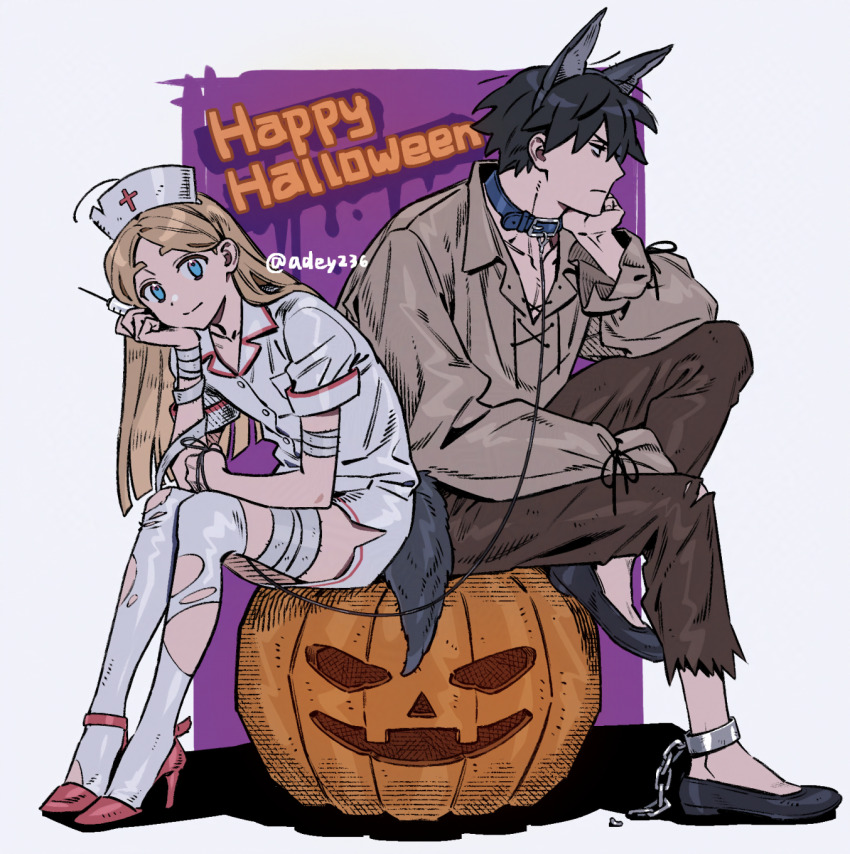 2boys animal_ears bandaged_arm bandaged_leg bandages black_hair black_shoes blonde_hair blue_eyes brown_pants closed_mouth commentary_request fake_animal_ears happy_halloween hat high_heels highres holding holding_syringe long_hair long_sleeves looking_at_viewer male_focus multiple_boys nurse nurse_cap original pants profile red_shoes shoes short_hair short_sleeves smile syringe ten_(lu2948d) thighhighs torn_clothes twitter_username white_thighhighs