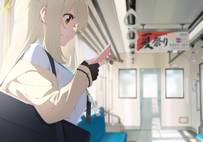 1girl bag black_bag black_gloves blonde_hair blue_archive cellphone closed_mouth fingerless_gloves from_side game_cg gloves green_eyes halo highres holding holding_bag holding_phone id_card jacket non-web_source nonomi_(blue_archive) official_art phone smartphone smile solo standing train_interior upper_body yellow_halo yellow_jacket