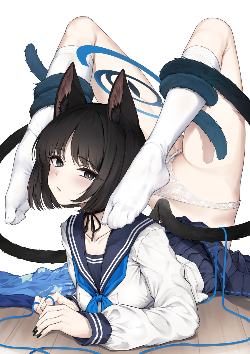 1girl absurdres animal_ear_fluff animal_ears ass backbend black_eyes black_hair black_nails black_ribbon blue_archive blue_neckerchief blue_sailor_collar blue_skirt blush breasts cat_ears cat_girl cat_tail chest_stand closed_mouth collarbone commentary_request contortion feet fingernails flexible full_body highres hyouta_(yoneya) kikyou_(blue_archive) long_sleeves looking_at_viewer lying medium_breasts multiple_tails nail_polish neck_ribbon neckerchief no_shoes on_stomach panties ribbon sailor_collar school_uniform serafuku short_hair simple_background skirt skirt_flip socks solo tabi tail tail_around_own_leg thighs toes two_tails underwear white_background white_panties white_socks wooden_floor