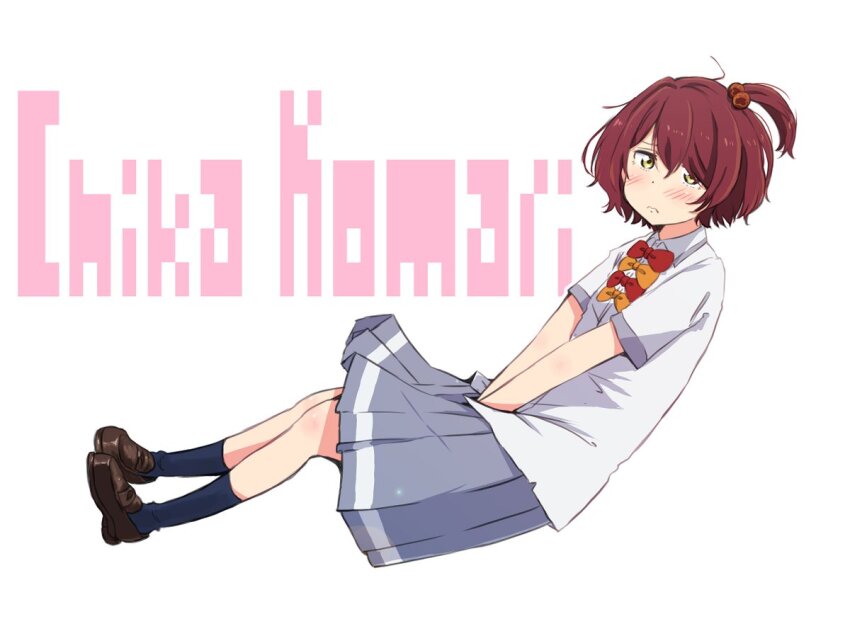 1girl black_socks bow bowtie brown_shoes character_doll character_name collared_shirt dress_shirt full_body grey_skirt hair_bobbles hair_ornament komari_chika loafers make_heroine_ga_oo_sugiru! maruyo one_side_up orange_bow orange_bowtie red_bow red_bowtie red_hair school_uniform shirt shoes short_hair simple_background sitting skirt socks solo summer_uniform tsuwabuki_high_school_uniform white_background white_shirt yellow_eyes
