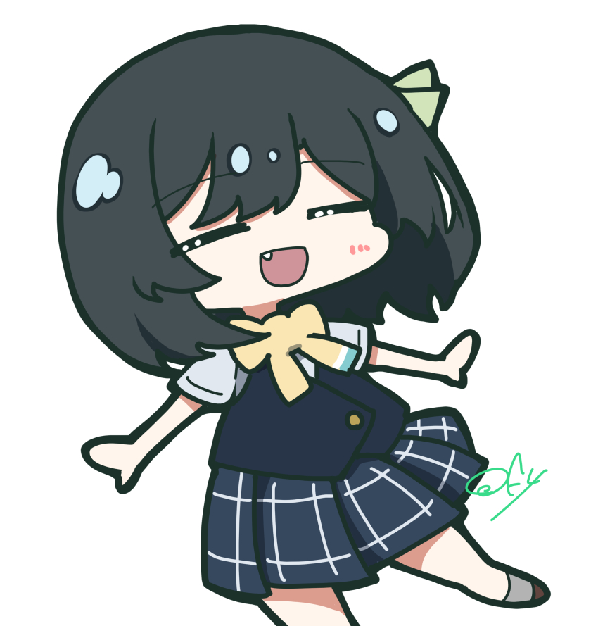 1girl :d absurdres black_vest blue_shirt blue_skirt chibi chibi_only closed_eyes collared_shirt commentary double-parted_bangs dress_shirt facing_viewer fang highres love_live! love_live!_nijigasaki_high_school_idol_club mifune_shioriko miniskirt neck_ribbon nijigasaki_school_uniform oofushi_ao open_mouth outstretched_arms plaid_clothes plaid_skirt pleated_skirt ribbon school_uniform shirt short_sleeves signature simple_background skirt smile solo standing standing_on_one_leg summer_uniform vest white_background yellow_ribbon