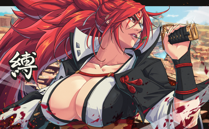 1girl arc_system_works baiken blood blood_splatter breasts cleavage collarbone eyepatch guilty_gear guilty_gear_strive highres holding holding_sword holding_weapon japanese_clothes jhony_caballero large_breasts leaf_in_mouth long_hair one_eye_covered red_eyes red_hair samurai scar scar_across_eye scar_on_face solo sword upper_body weapon