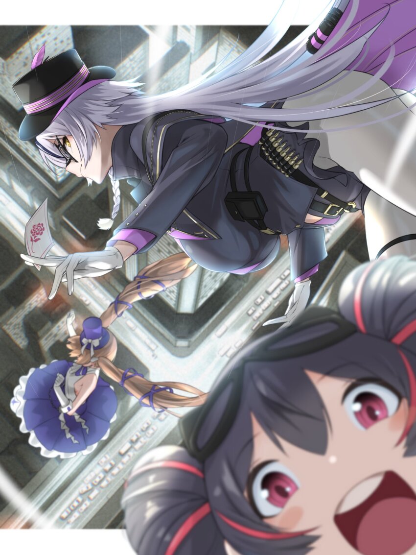 3girls black_hair breasts brown_hair building car city double_bun fune_(fune83ojj) gloves goddess_of_victory:_nikke hair_bun highres kotori_photobomb large_breasts looking_at_viewer miranda_(nikke) miranda_(thief_of_justice)_(nikke) motor_vehicle multiple_girls official_alternate_costume official_alternate_hairstyle open_mouth outdoors phantom_(nikke) quency_(escape_queen)_(nikke) quency_(nikke) red_eyes sideways_glance small_breasts teeth twintails upper_teeth_only white_gloves white_hair