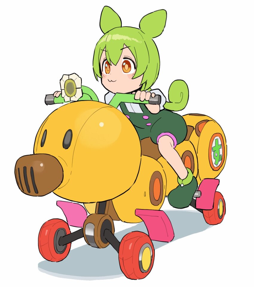 1girl :3 full_body green_hair green_shoes green_shorts highres long_hair mario_(series) mario_kart mario_kart_8 nintendo okepi orange_eyes riding shirt shoes short_sleeves shorts simple_background sitting solo suspender_shorts suspenders voicevox white_background wiggler wild_wiggler zundamon