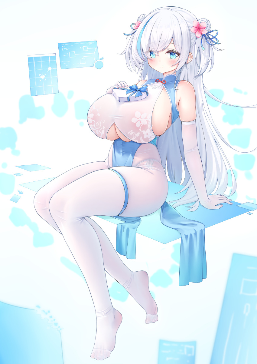 1girl absurdres alternate_costume alternate_hairstyle alternate_skin_color arm_support azur_lane bare_shoulders blue_background blue_dress blue_eyes blue_hair blue_ribbon blush box breasts cherry_blossoms china_dress chinese_clothes chinese_commentary closed_mouth clothing_cutout colored_tips covered_collarbone covered_erect_nipples covered_navel double_bun dress elbow_gloves fingernails flower gift gift_box gloves gradient_background gradient_hair hair_bun hair_flower hair_ornament hair_over_one_eye hair_ribbon heart-shaped_box highres holding holding_gift holographic_interface huge_breasts long_hair looking_at_viewer multicolored_hair nail_polish no_shoes panties panties_under_pantyhose pantyhose pink_flower pink_hair pink_nails qian_hen ribbon shiny_skin side-tie_panties sideboob siren_(azur_lane) sitting smile solo streaked_hair tb_(azur_lane) tb_(type-s)_(azur_lane) thigh_strap thighs toenail_polish toenails underboob underboob_cutout underwear white_background white_gloves white_hair white_pantyhose