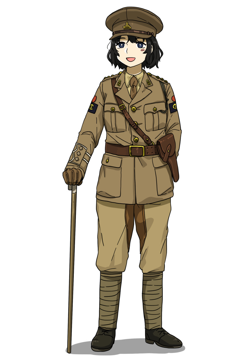 1girl aiguillette anyan_(jooho) arm_behind_back belt black_eyes black_footwear black_hair brown_belt brown_gloves brown_jacket brown_necktie brown_pants brown_shirt canadian_army cane commentary_request full_body gloves hat highres holster jacket korean_commentary leather leather_gloves leg_wrap military_dress_uniform military_uniform necktie open_mouth original pants peaked_cap puttees sam_browne_belt shirt short_hair simple_background smile soldier solo standing white_background world_war_i