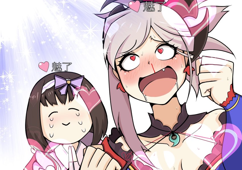 2girls blood brown_hair chikiji_(chickchickjo) crying drooling fang fate/grand_order fate_(series) fist_pump gameplay_mechanics heart heart-shaped_pupils highres light_particles light_rays magatama miyamoto_musashi_(fate) miyamoto_musashi_(third_ascension)_(fate) multiple_girls nosebleed osakabehime_(fate) pink_hair sparkle symbol-shaped_pupils