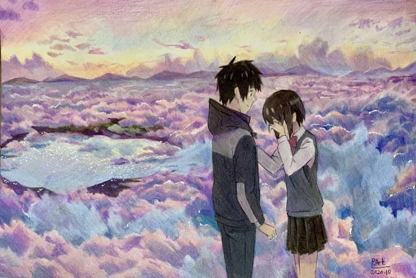 1boy 1girl absurdres artist_name black_hair black_jacket black_skirt bow bowtie closed_mouth cloud collared_shirt colored_pencil_(medium) commentary commentary_request crying crying_with_eyes_open dated dress_shirt english_commentary grey_sweater_vest highres hood hood_down hooded_jacket jacket kimi_no_na_wa. korean_commentary long_sleeves looking_at_another mixed-language_commentary miyamizu_mitsuha outdoors p.art pleated_skirt red_bow red_bowtie school_uniform shirt short_hair skirt sky sweater_vest tachibana_taki tears traditional_media white_shirt wiping_tears
