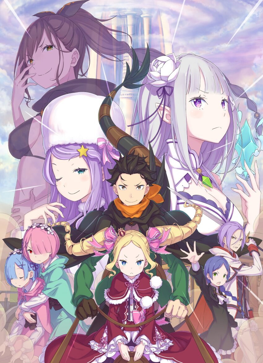 2boys 6+girls absurdres anastasia_hoshin beatrice_(re:zero) black_hair blonde_hair bow braid braided_ponytail breasts capelet cleavage coat commentary_request dress drill_hair emilia_(re:zero) flower frilled_dress frills fur-trimmed_capelet fur_trim hair_flower hair_ornament hat highres holding holding_reins holding_sword holding_weapon hood hooded_coat hug julius_juukulius meili_portroute multiple_boys multiple_girls natsuki_subaru official_art one_eye_closed ootsuka_shin&#039;ichirou patrasche_(re:zero) pink_bow promotional_art purple_eyes purple_hair ram_(re:zero) re:zero_kara_hajimeru_isekai_seikatsu red_dress reins rem_(re:zero) shaula_(re:zero) sideboob star_(symbol) star_hair_ornament sword twin_drills ushanka weapon white_coat