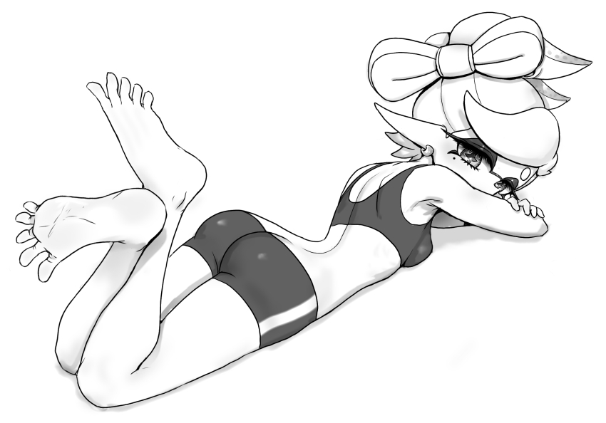 1girl alternate_costume bike_shorts breasts crossed_arms earrings full_body greyscale highres inkling jewelry koharu2.5 looking_at_viewer lying marie_(splatoon) median_furrow medium_breasts monochrome nintendo on_stomach pointy_ears solo splatoon_(series) splatoon_1 tank_top tentacle_hair white_background